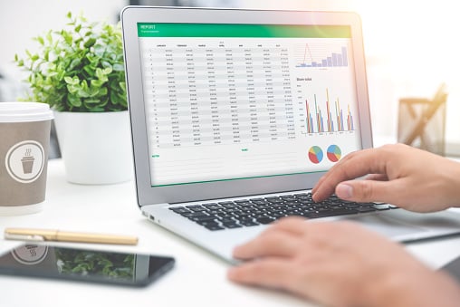 Spreadsheet being used on a laptop for data visualization and analysis